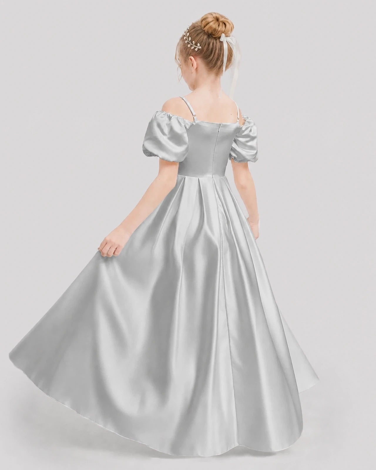 Dideyttawl Off the Shoulder Puff Sleeve Satin Girl Formal Dress
