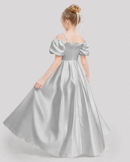 Dideyttawl Off the Shoulder Puff Sleeve Satin Girl Formal Dress
