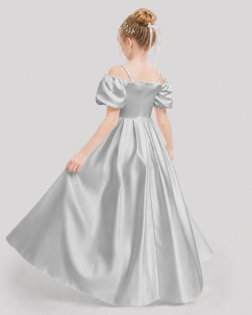 Silver Satin A-Line Girls Formal Dresses Back View