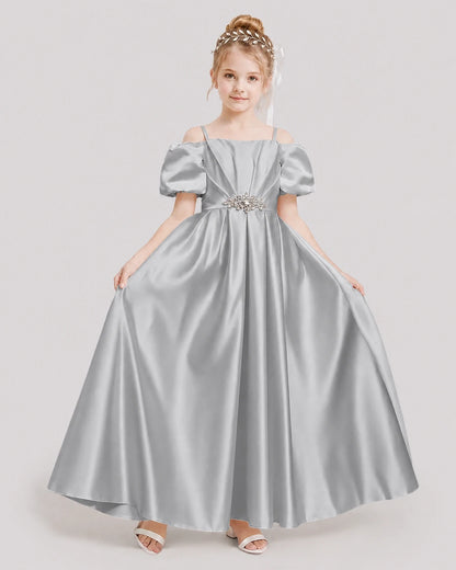 Dideyttawl Off the Shoulder Puff Sleeve Satin Girl Formal Dress