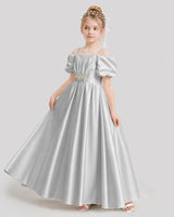 Silver Satin Off-Shoulder A-Line Girls Formal Dresses Side View