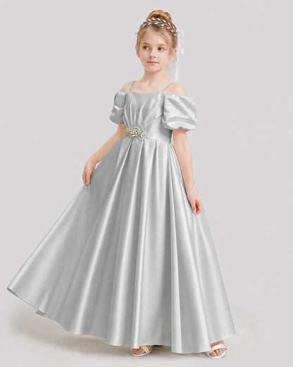 Dideyttawl Off the Shoulder Puff Sleeve Satin Girl Formal Dress