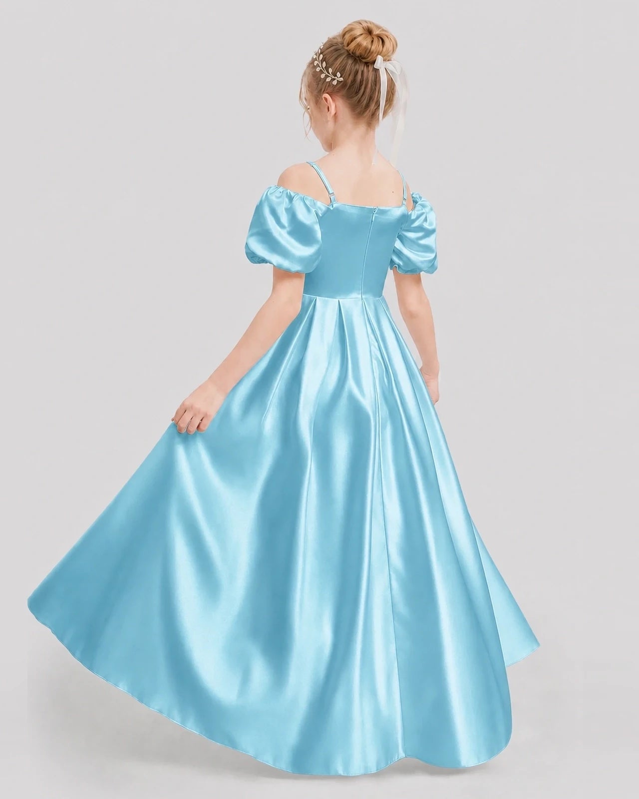 Dideyttawl Off the Shoulder Puff Sleeve Satin Girl Formal Dress