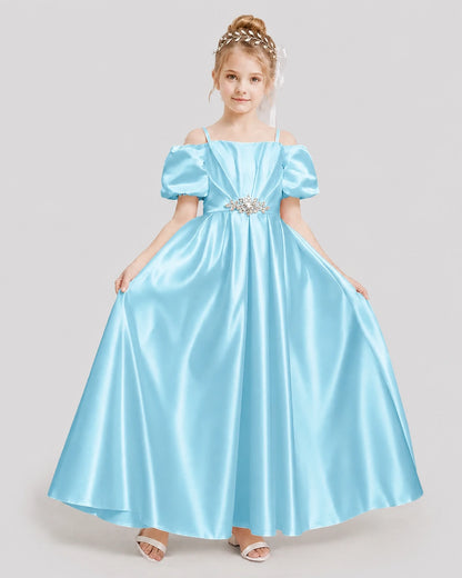 Dideyttawl Off the Shoulder Puff Sleeve Satin Girl Formal Dress