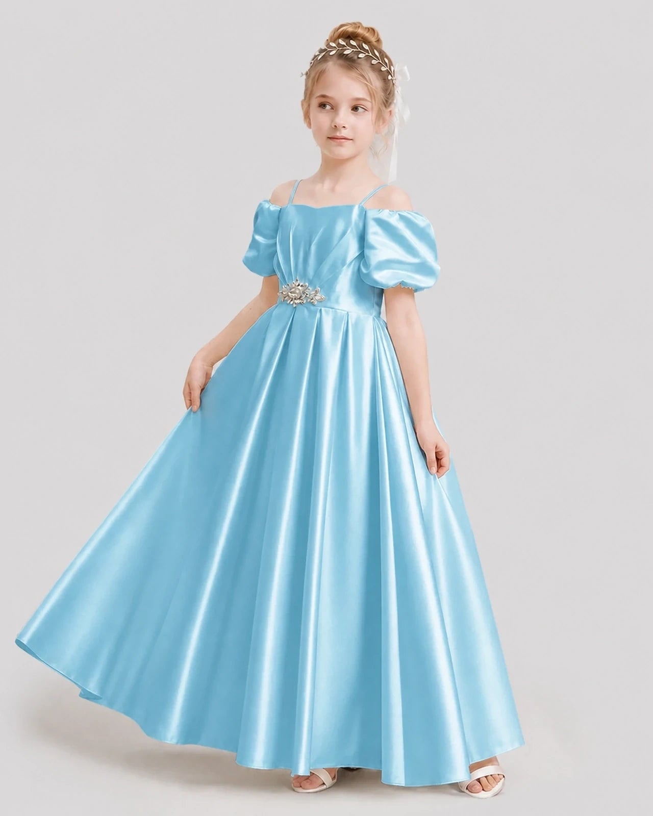 Dideyttawl Off the Shoulder Puff Sleeve Satin Girl Formal Dress