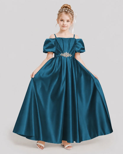 Dideyttawl Off the Shoulder Puff Sleeve Satin Girl Formal Dress