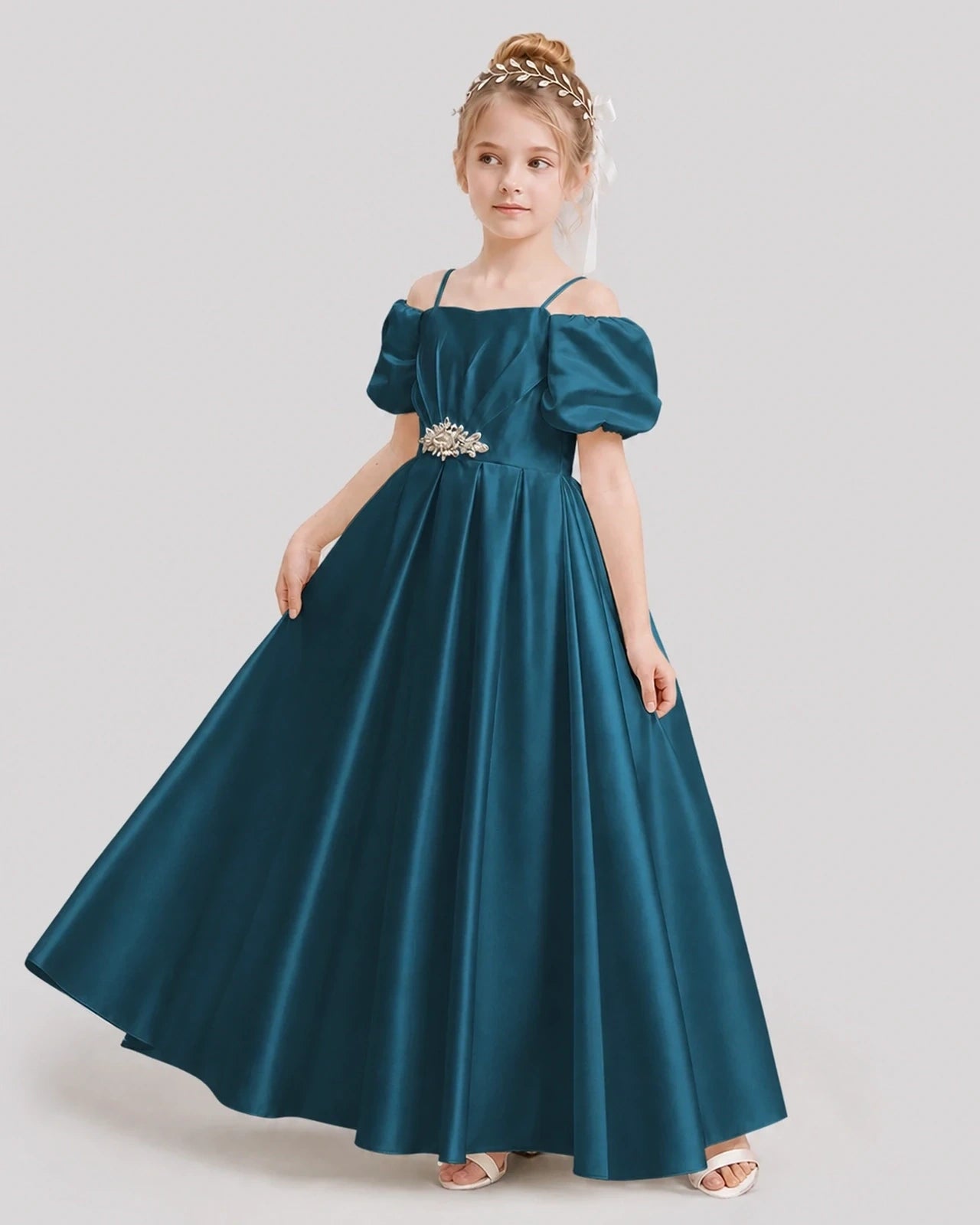 Dideyttawl Off the Shoulder Puff Sleeve Satin Girl Formal Dress