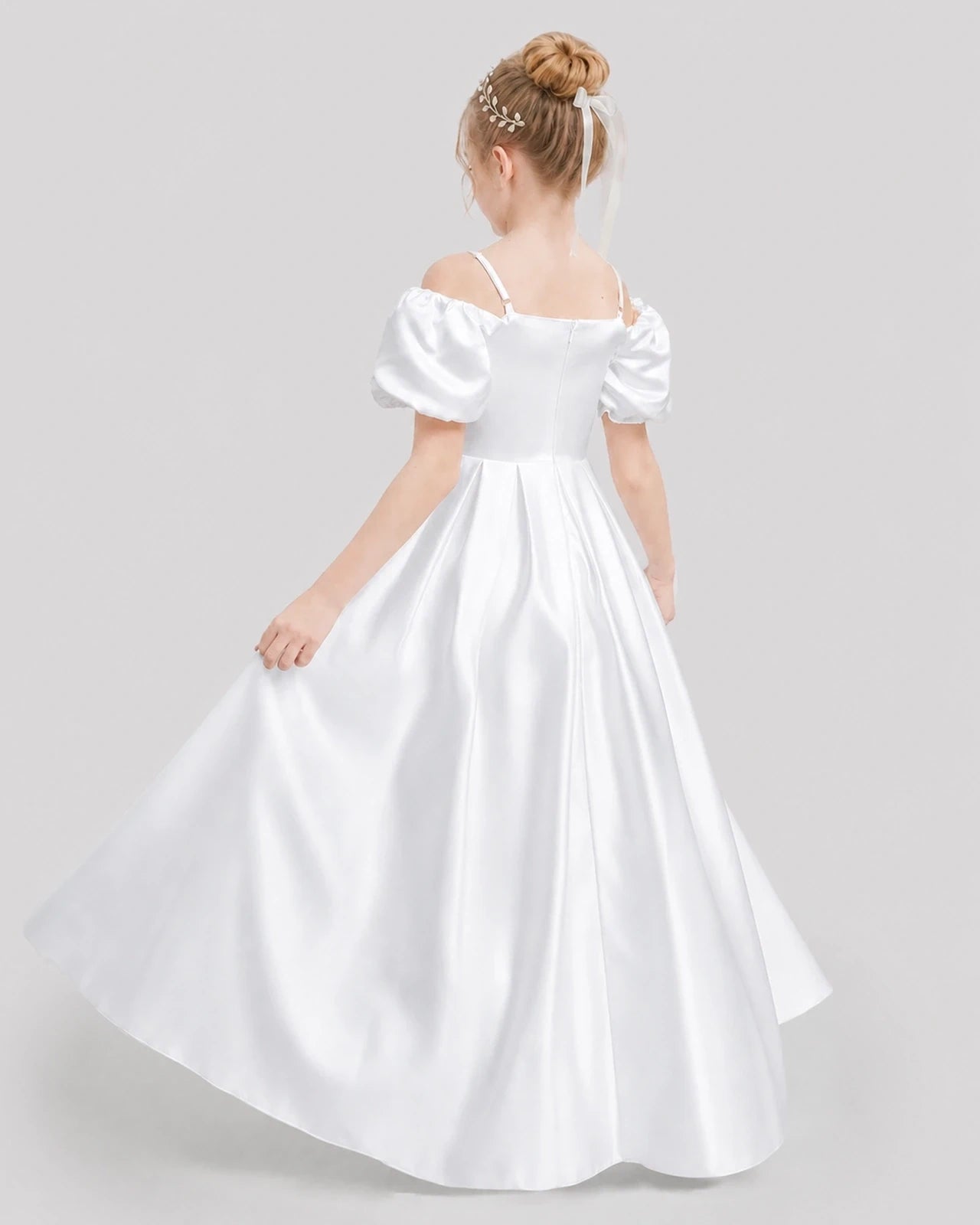 Dideyttawl Off the Shoulder Puff Sleeve Satin Girl Formal Dress