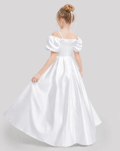 Dideyttawl Off the Shoulder Puff Sleeve Satin Girl Formal Dress
