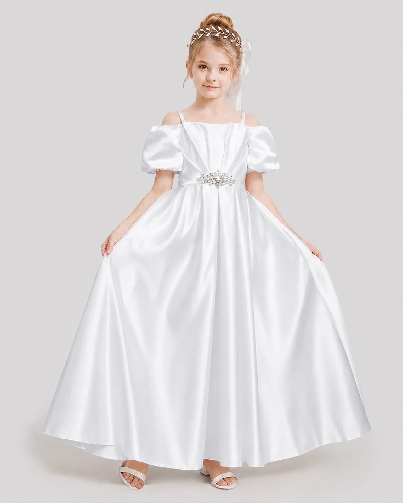Dideyttawl Off the Shoulder Puff Sleeve Satin Girl Formal Dress