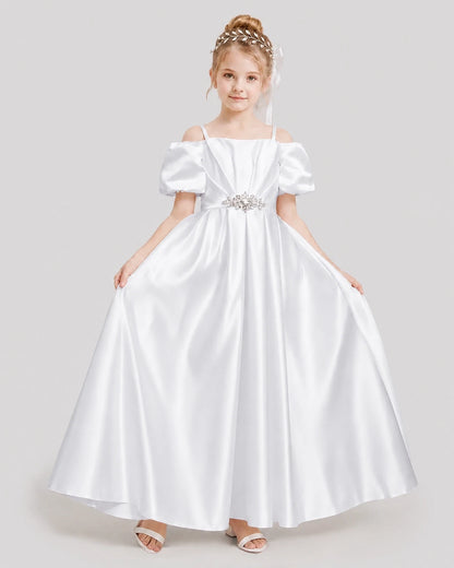 Dideyttawl Off the Shoulder Puff Sleeve Satin Girl Formal Dress