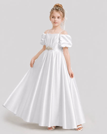 Dideyttawl Off the Shoulder Puff Sleeve Satin Girl Formal Dress