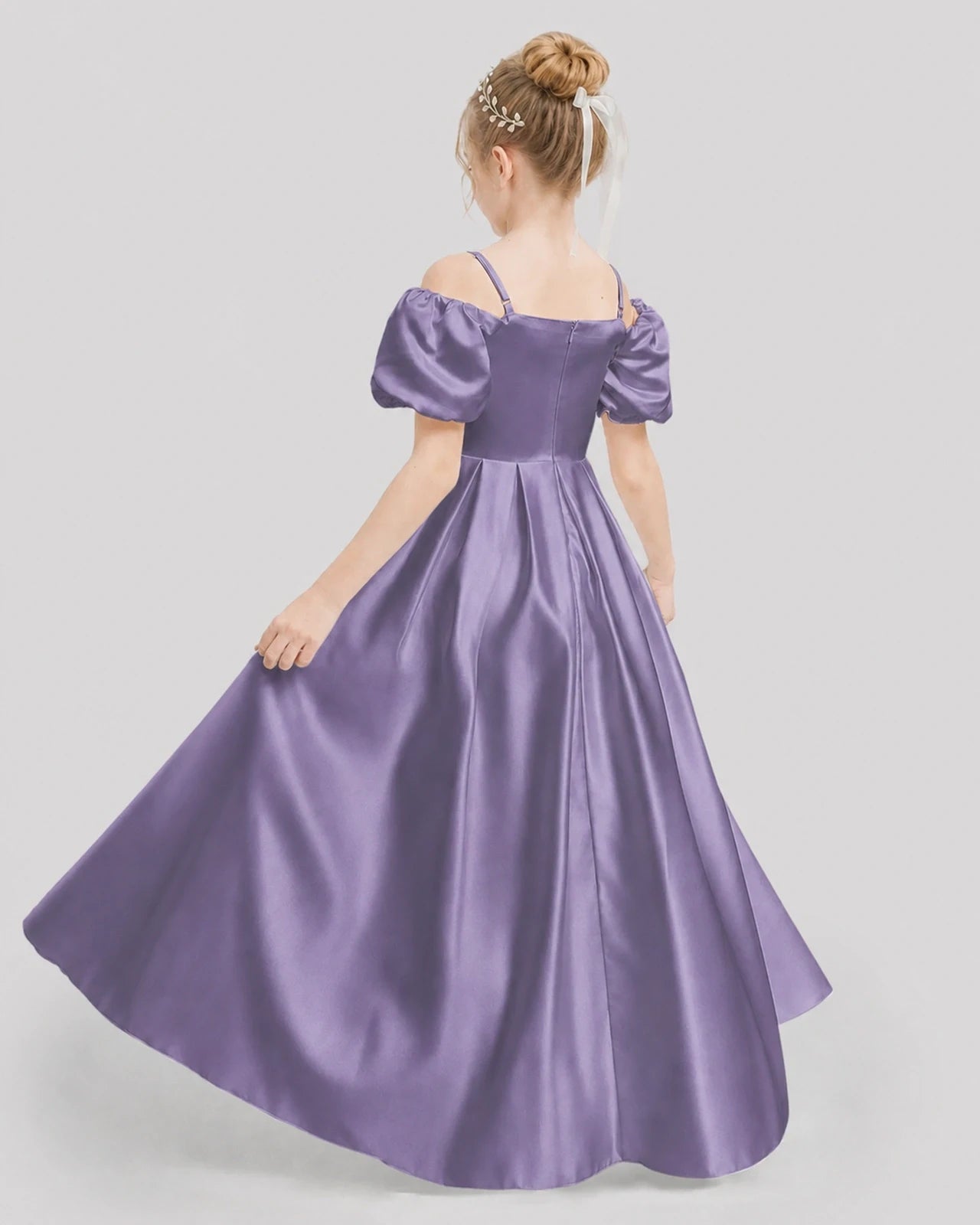 Dideyttawl Off the Shoulder Puff Sleeve Satin Girl Formal Dress
