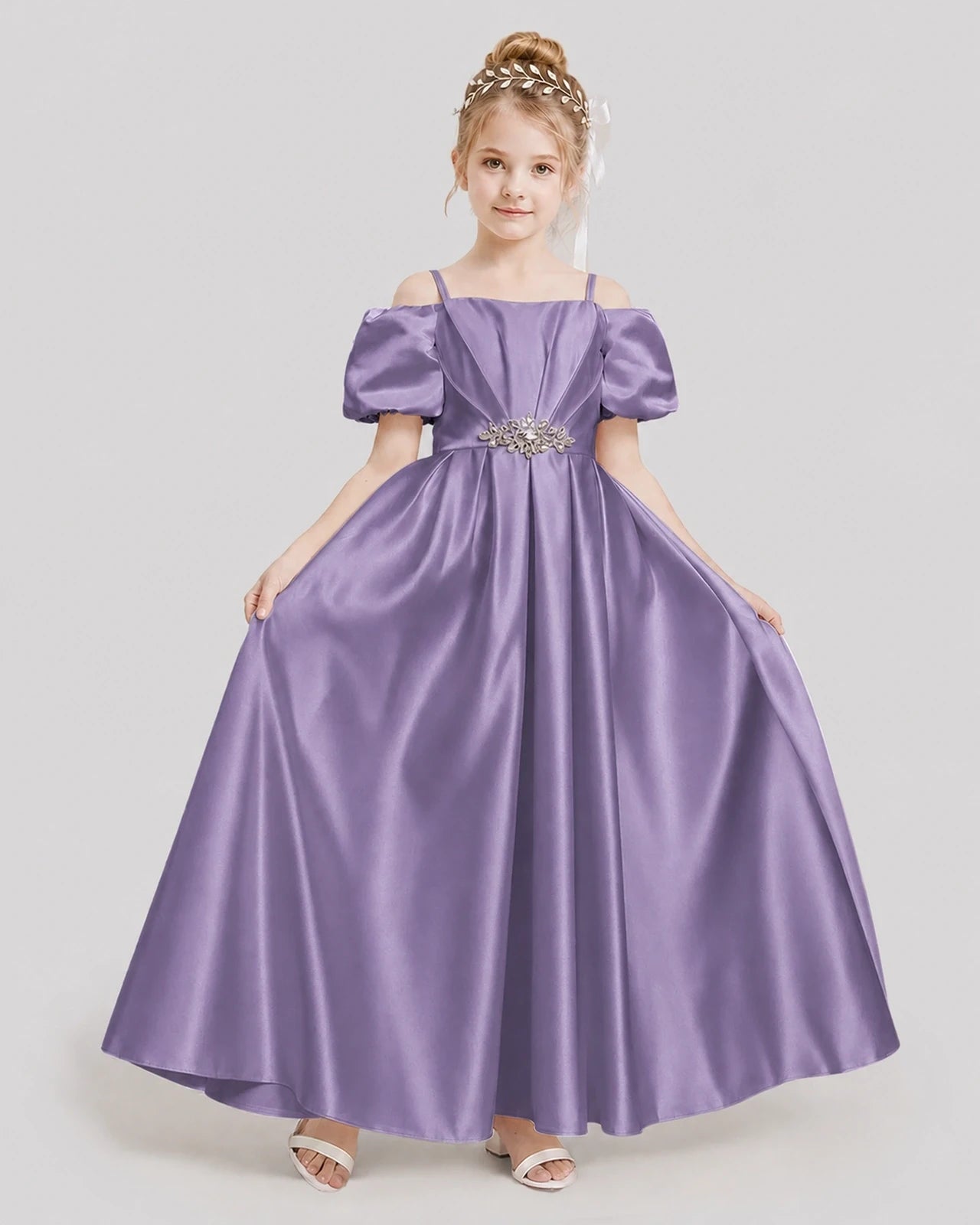 Dideyttawl Off the Shoulder Puff Sleeve Satin Girl Formal Dress