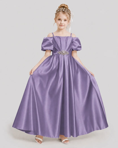 Dideyttawl Off the Shoulder Puff Sleeve Satin Girl Formal Dress