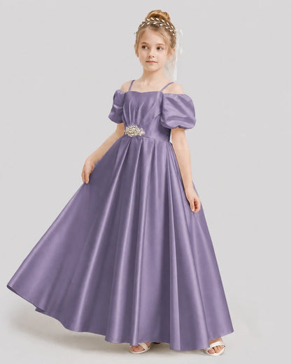 Dideyttawl Off the Shoulder Puff Sleeve Satin Girl Formal Dress