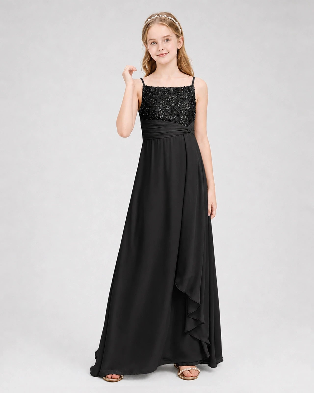 Dideyttawl Beaded Embroidery Chiffon Junior Bridesmaid Dress