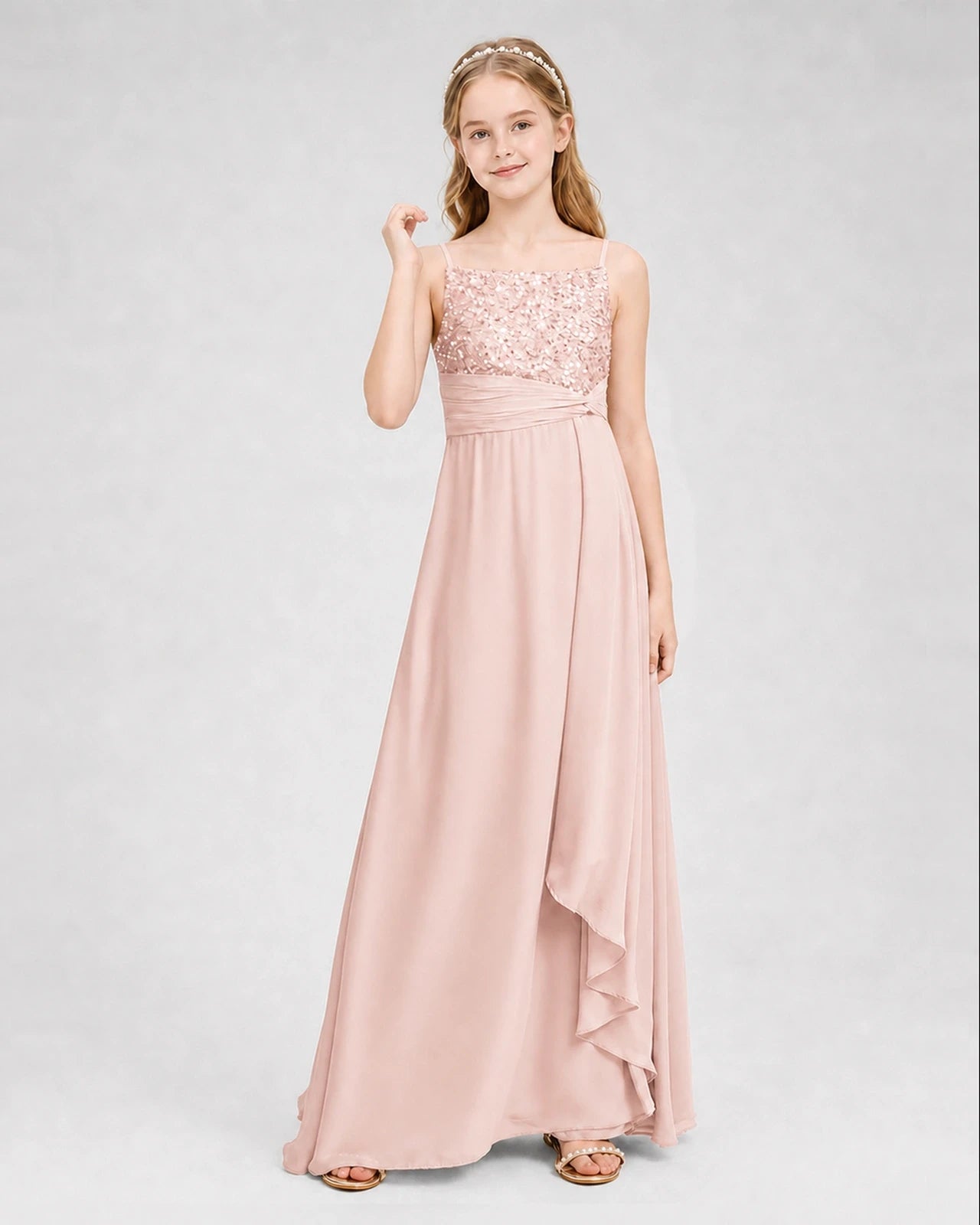 Dideyttawl Beaded Embroidery Chiffon Junior Bridesmaid Dress