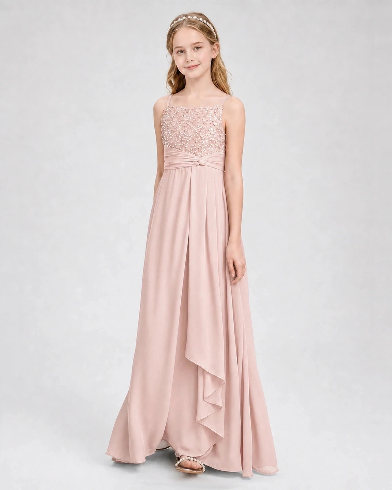 Dideyttawl Beaded Embroidery Chiffon Junior Bridesmaid Dress