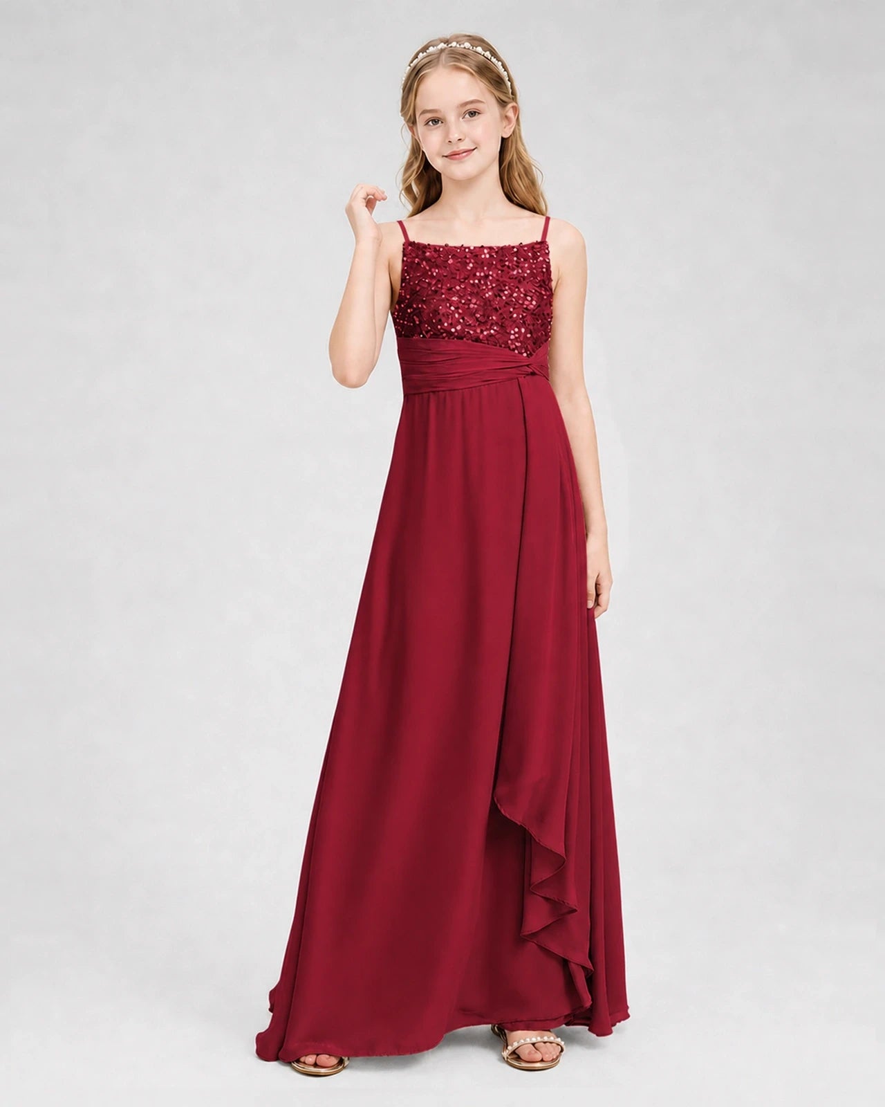 Dideyttawl Beaded Embroidery Chiffon Junior Bridesmaid Dress