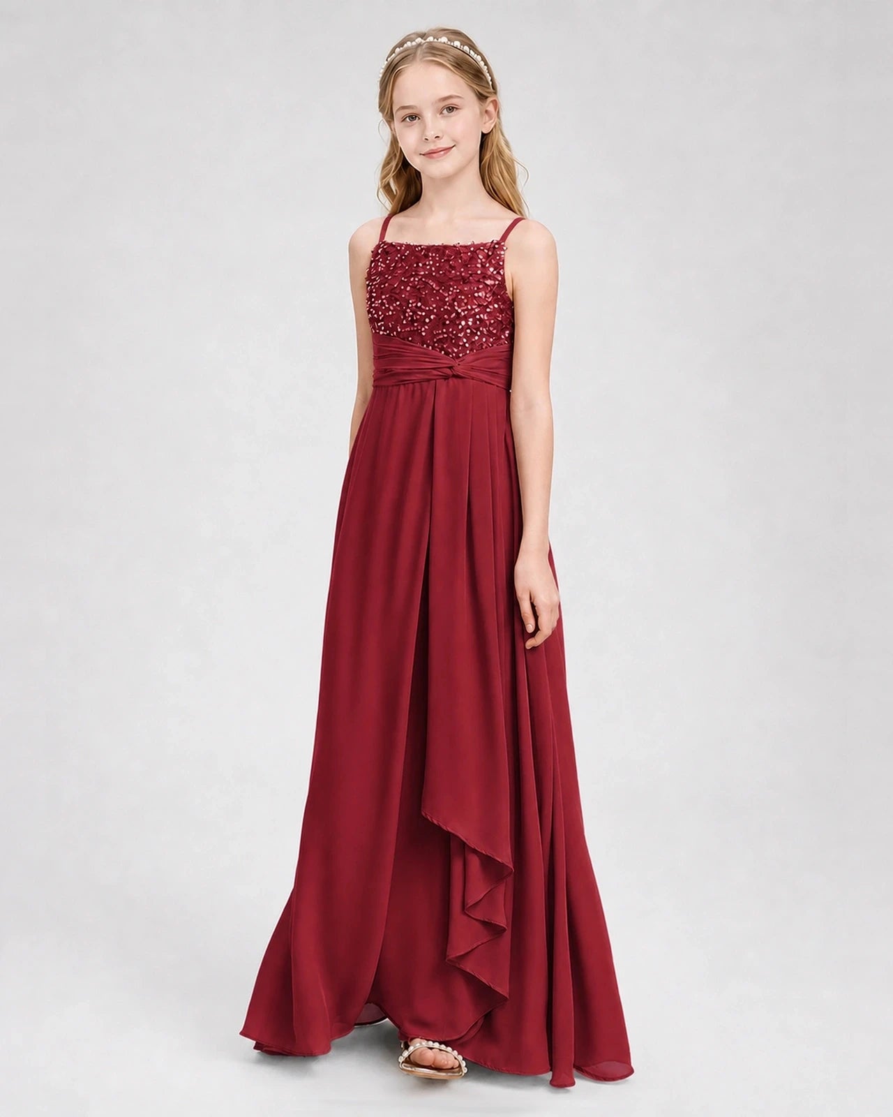 Dideyttawl Beaded Embroidery Chiffon Junior Bridesmaid Dress