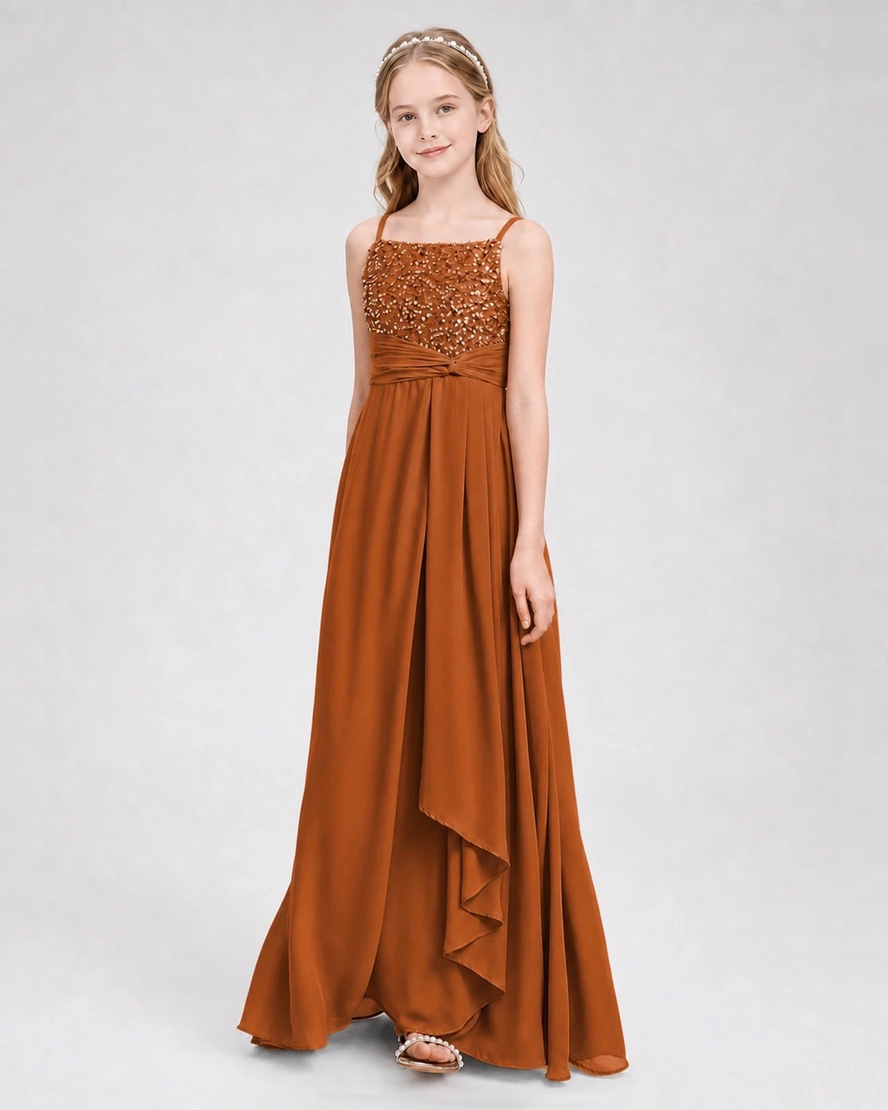 Dideyttawl Beaded Embroidery Chiffon Junior Bridesmaid Dress