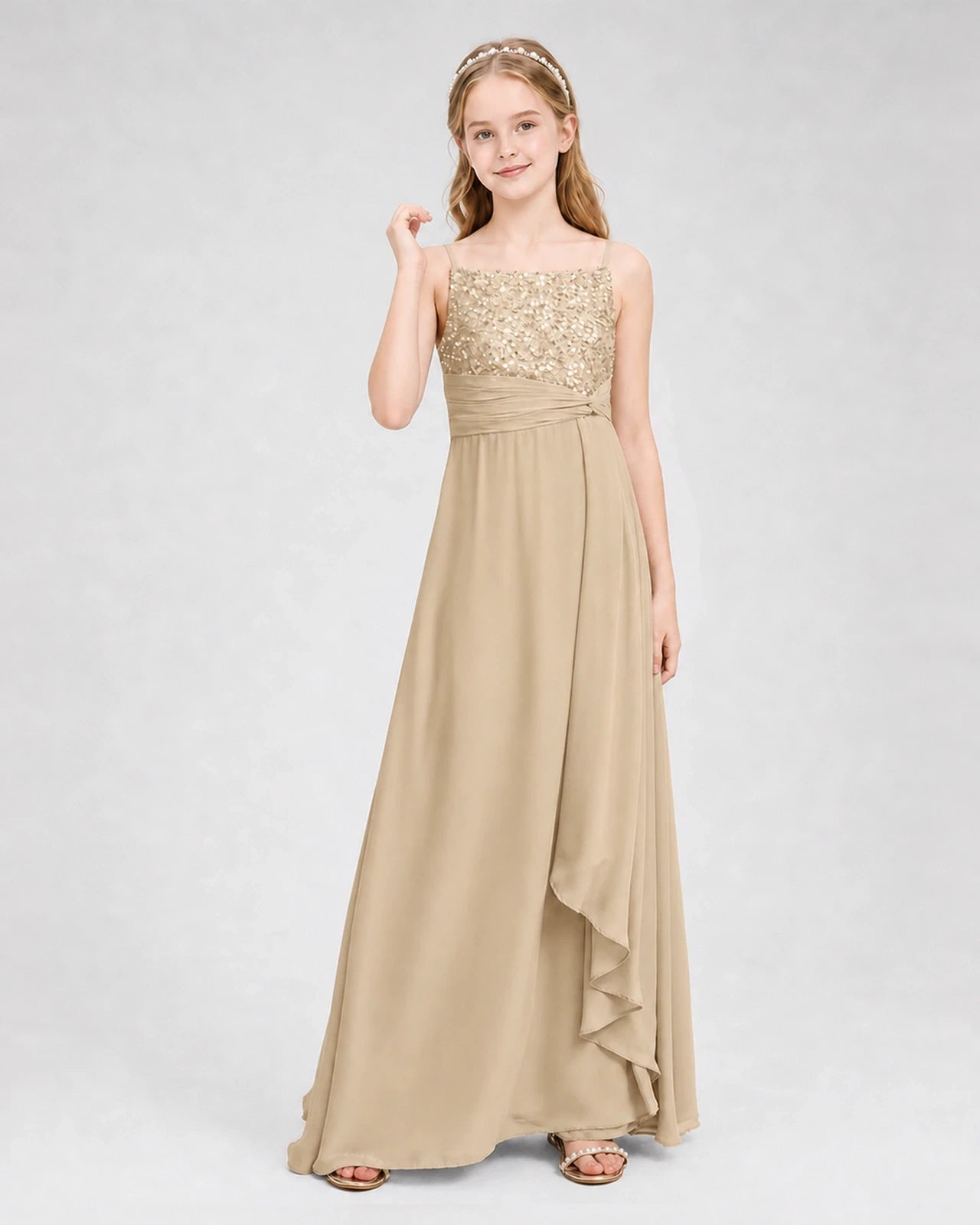 Dideyttawl Beaded Embroidery Chiffon Junior Bridesmaid Dress