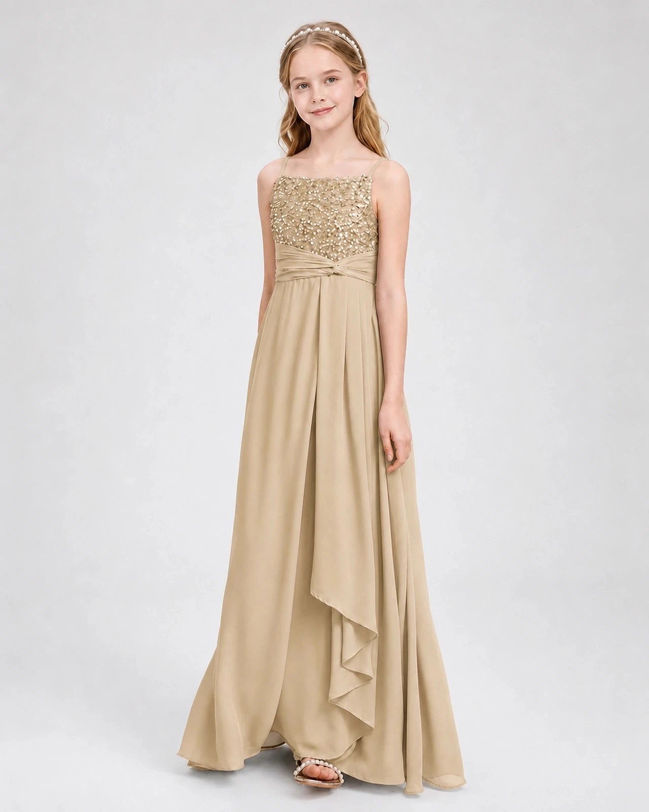 Dideyttawl Beaded Embroidery Chiffon Junior Bridesmaid Dress