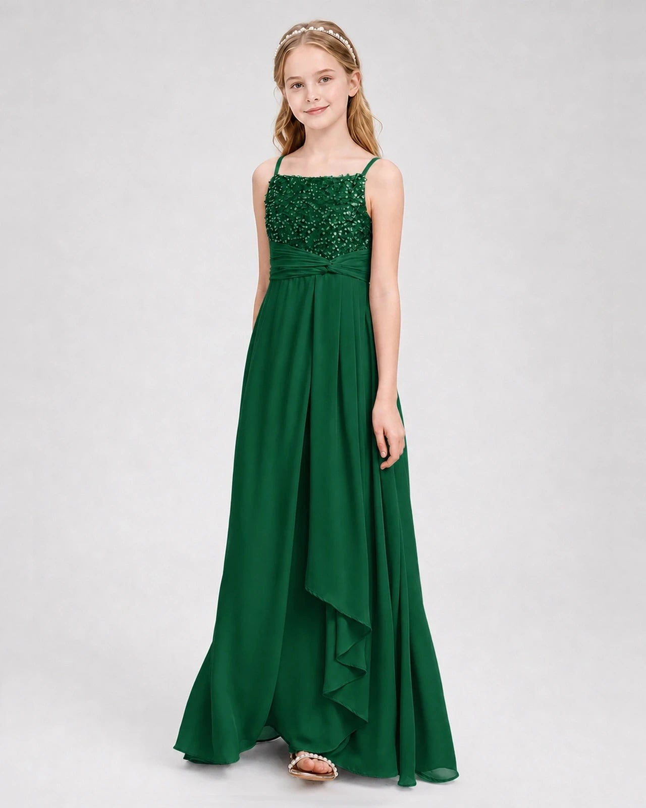 Dideyttawl Beaded Embroidery Chiffon Junior Bridesmaid Dress