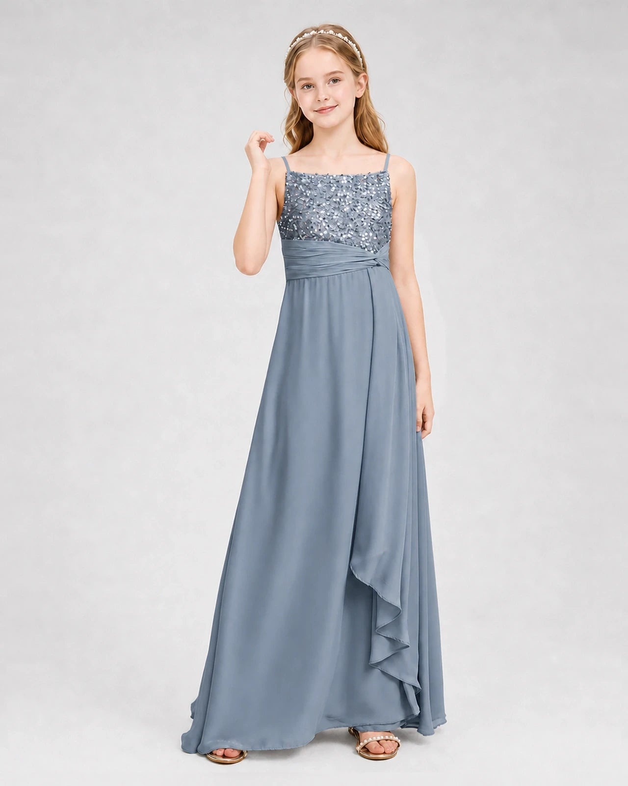 Dideyttawl Beaded Embroidery Chiffon Junior Bridesmaid Dress