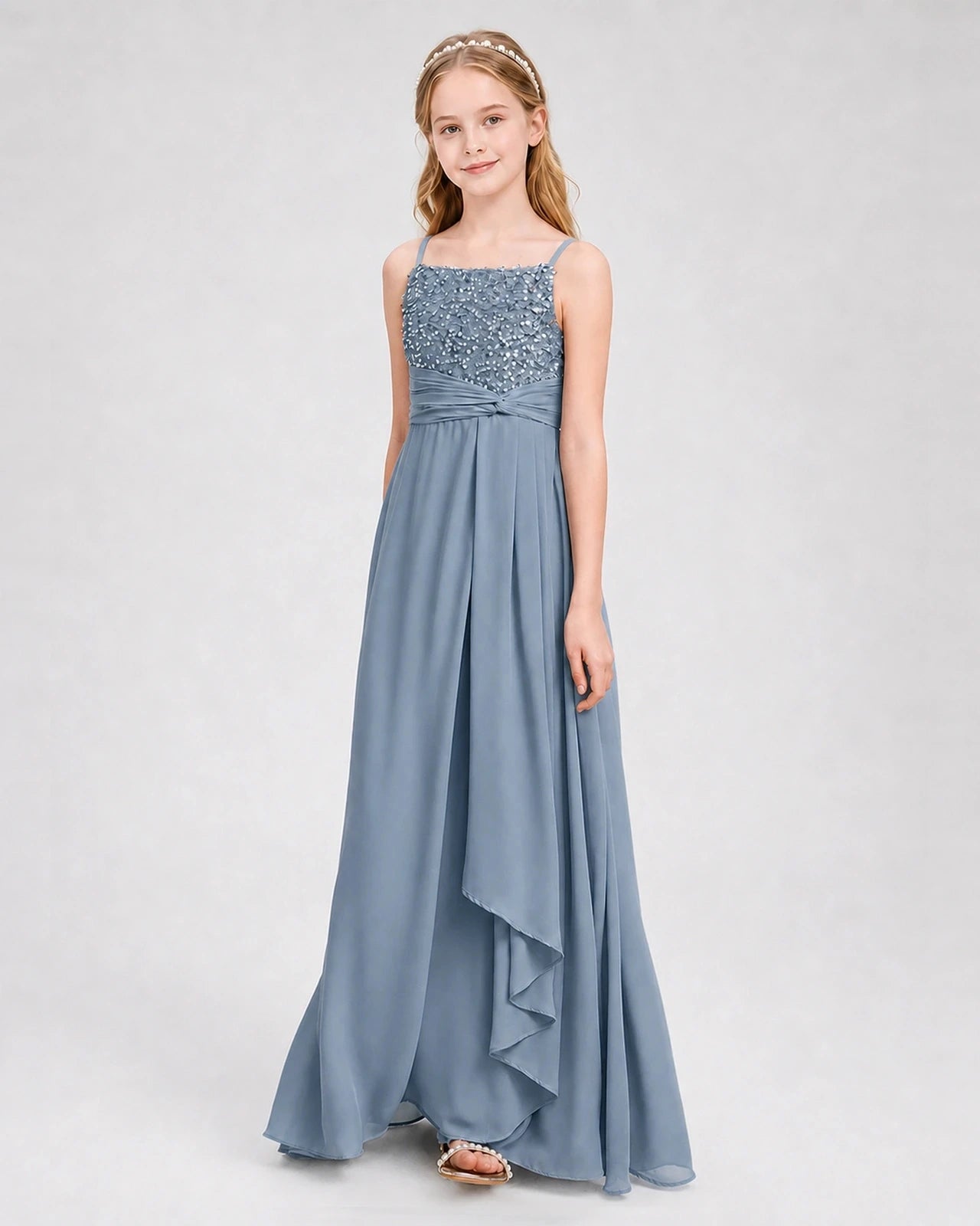 Dideyttawl Beaded Embroidery Chiffon Junior Bridesmaid Dress