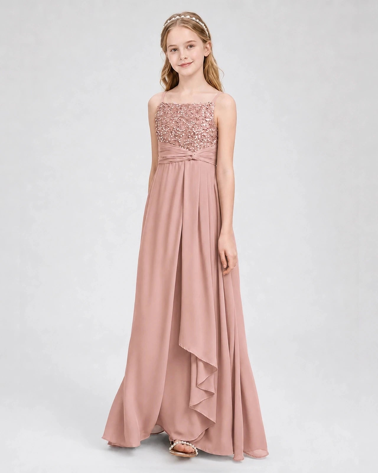 Dideyttawl Beaded Embroidery Chiffon Junior Bridesmaid Dress