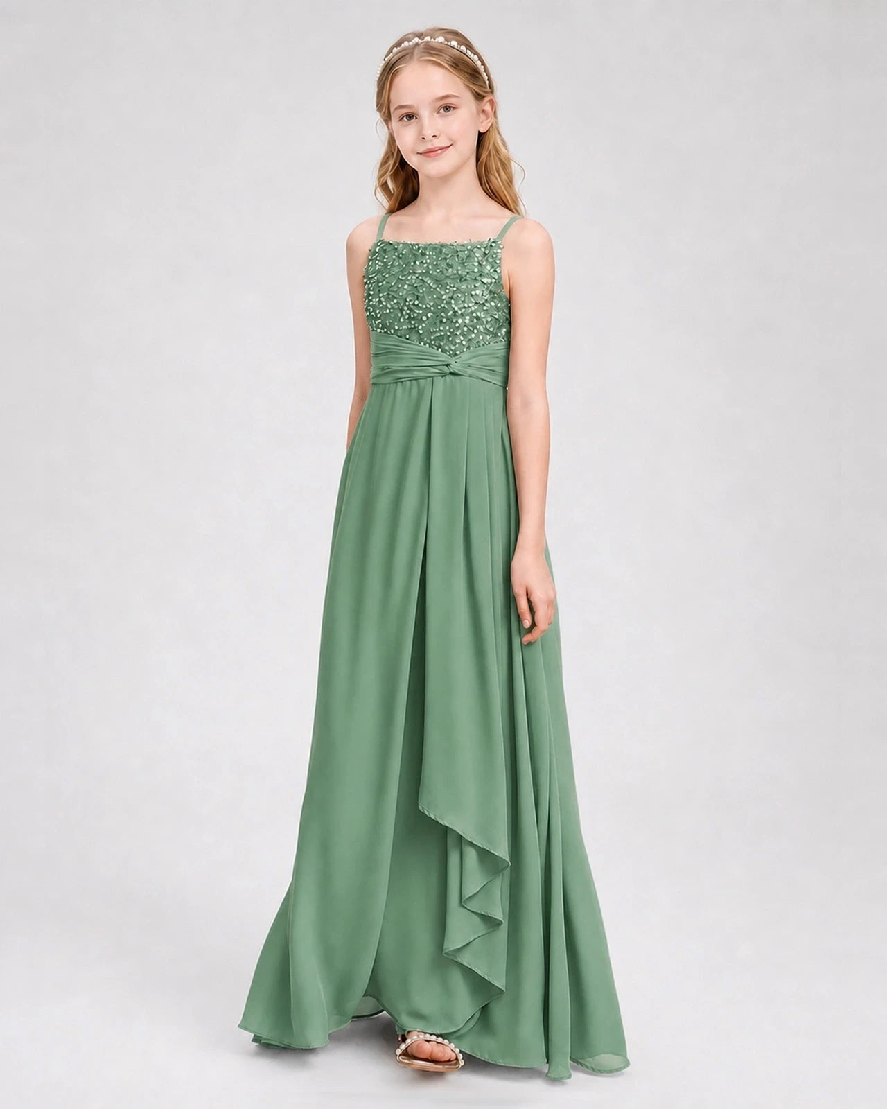Dideyttawl Beaded Embroidery Chiffon Junior Bridesmaid Dress