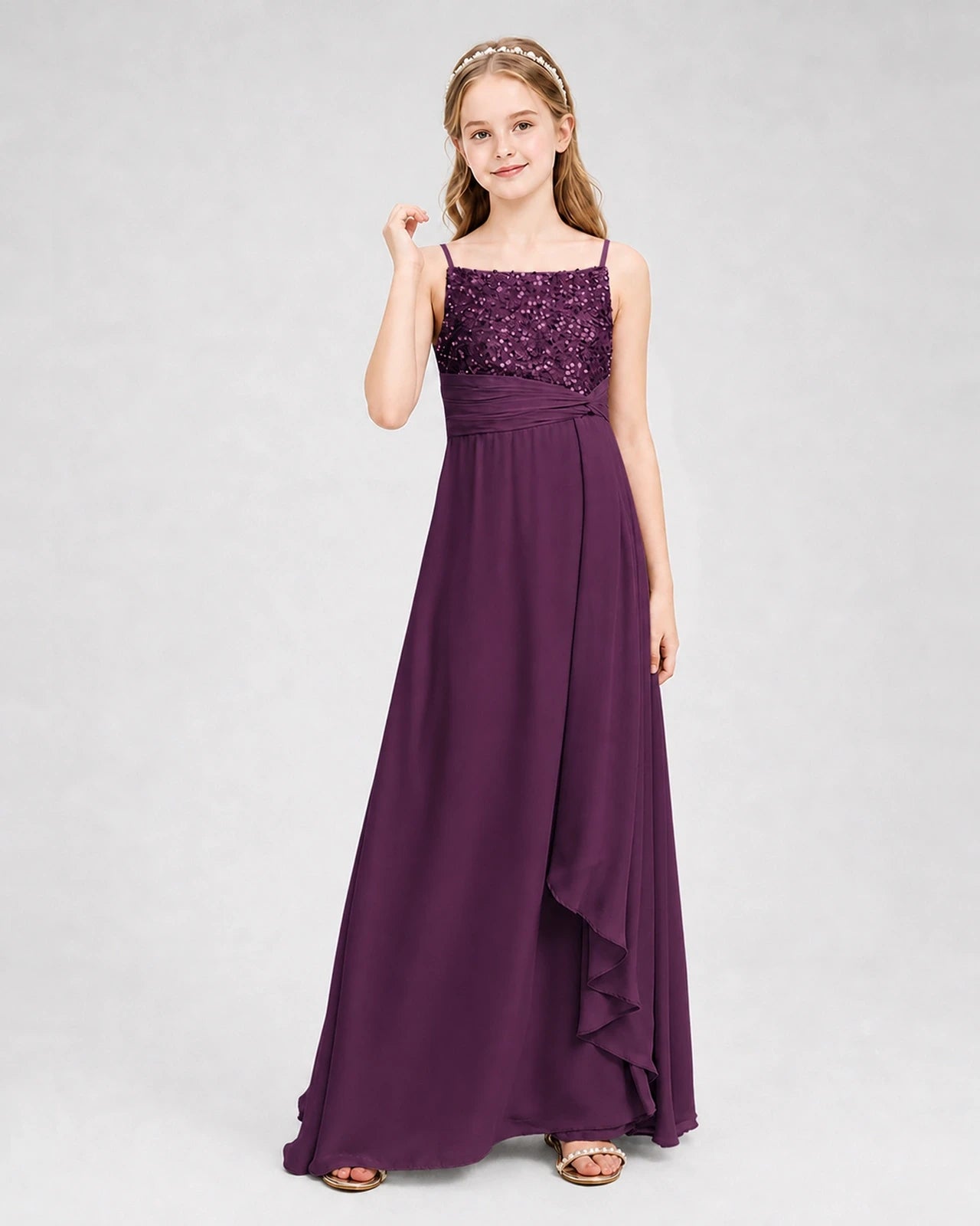 Dideyttawl Beaded Embroidery Chiffon Junior Bridesmaid Dress