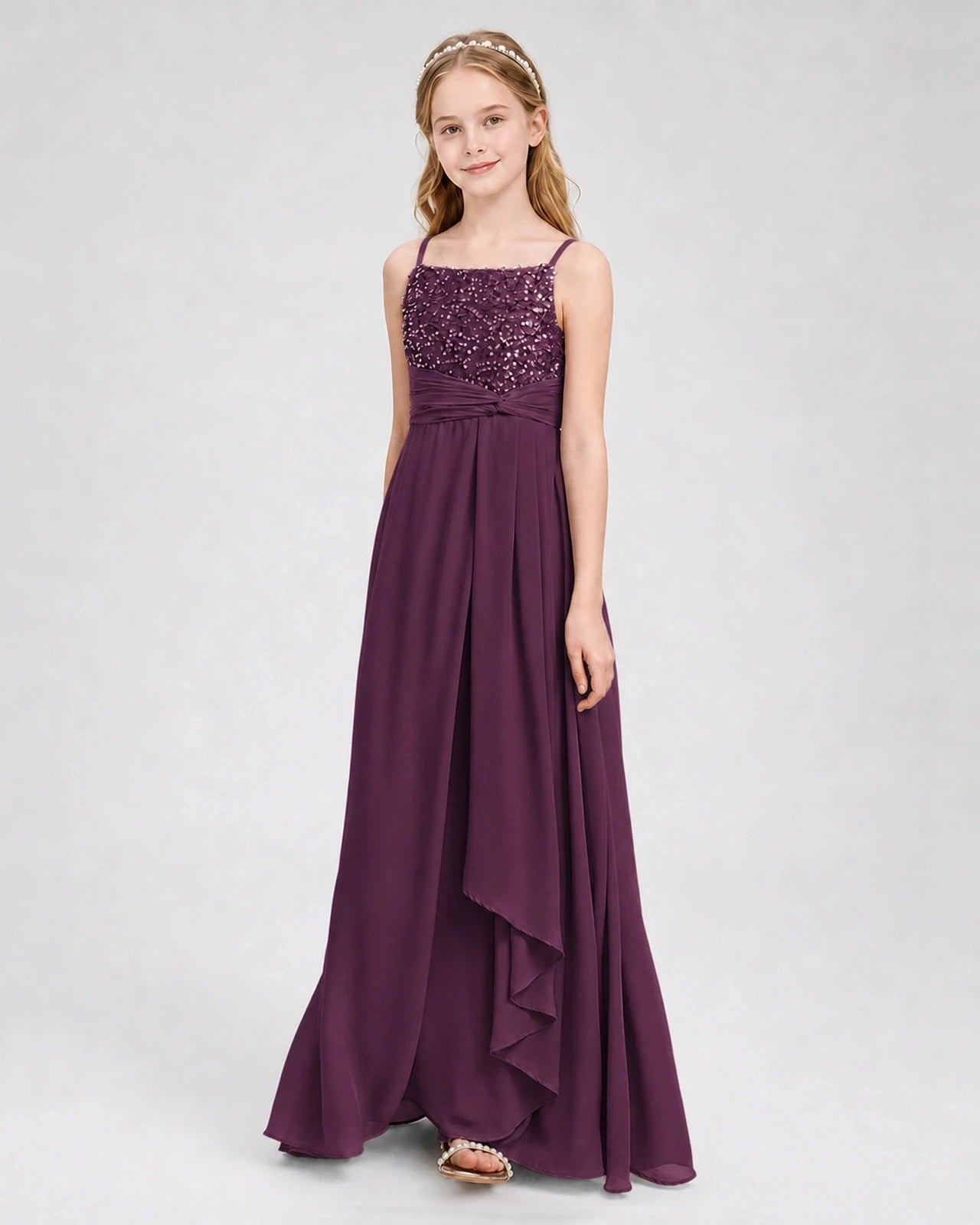 Dideyttawl Beaded Embroidery Chiffon Junior Bridesmaid Dress