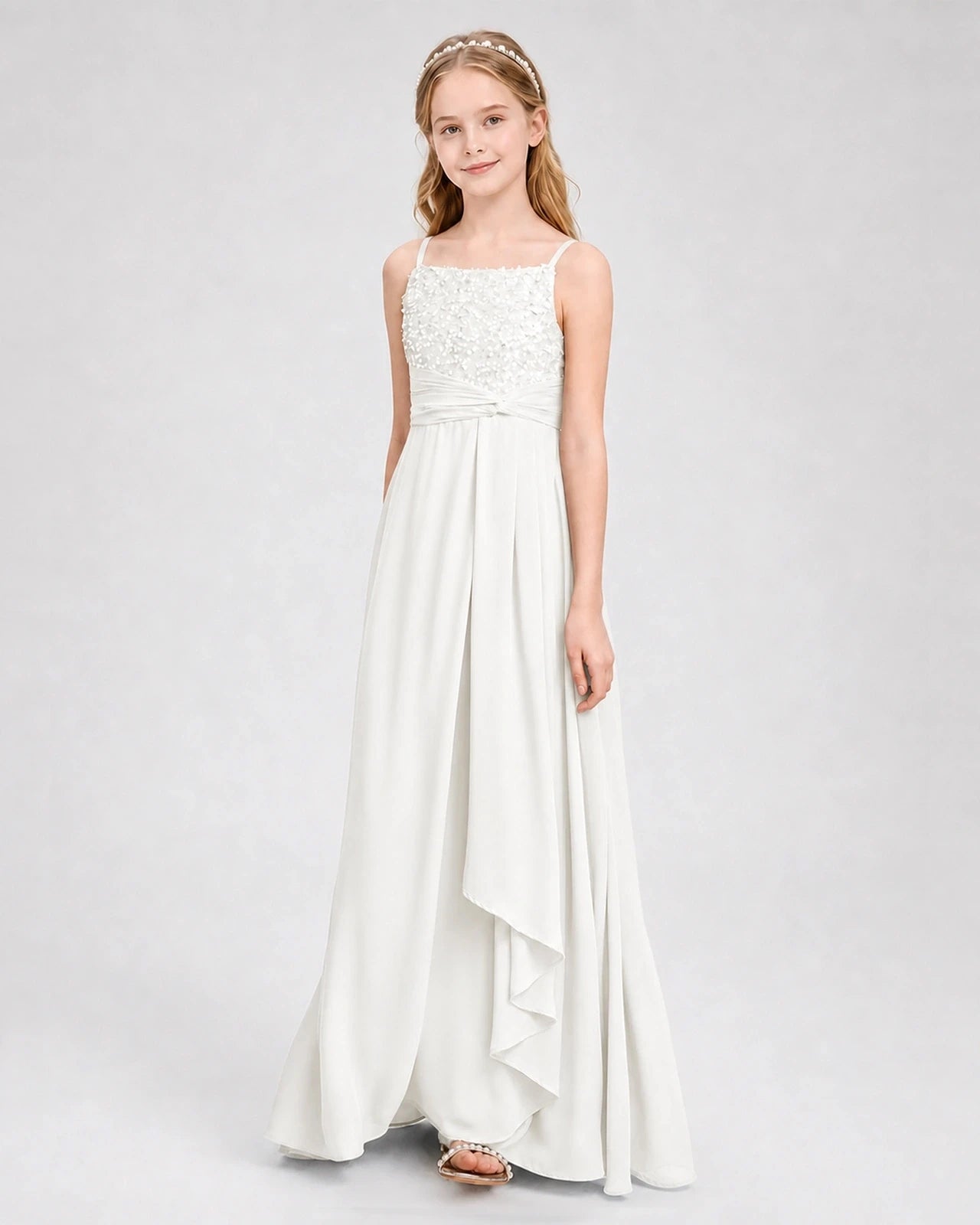 Dideyttawl Beaded Embroidery Chiffon Junior Bridesmaid Dress