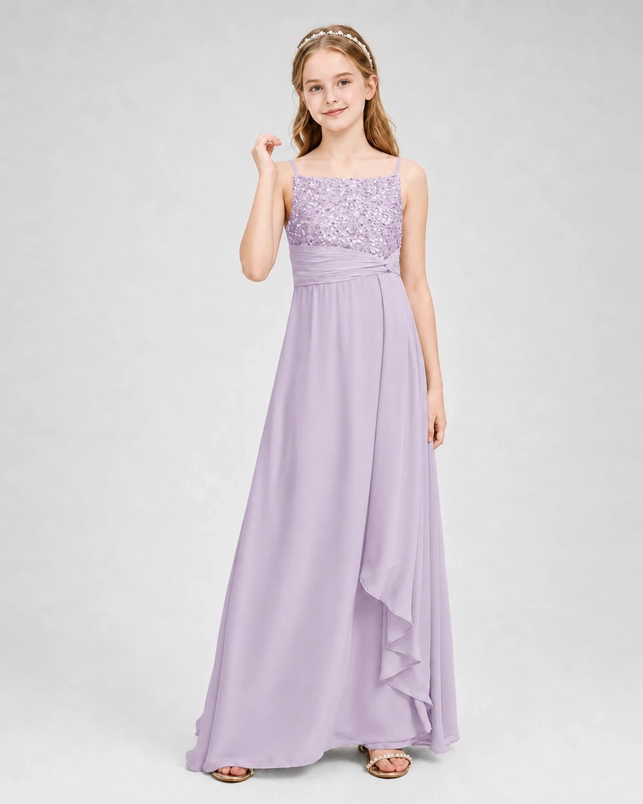 Dideyttawl Beaded Embroidery Chiffon Junior Bridesmaid Dress