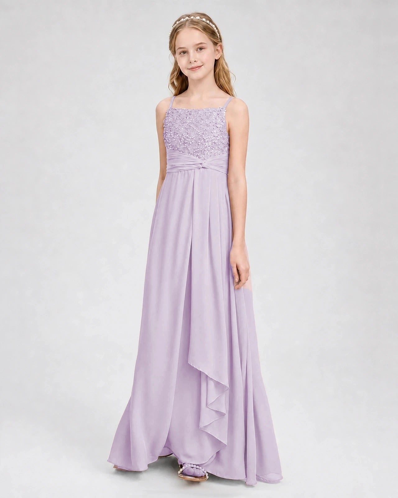 Dideyttawl Beaded Embroidery Chiffon Junior Bridesmaid Dress