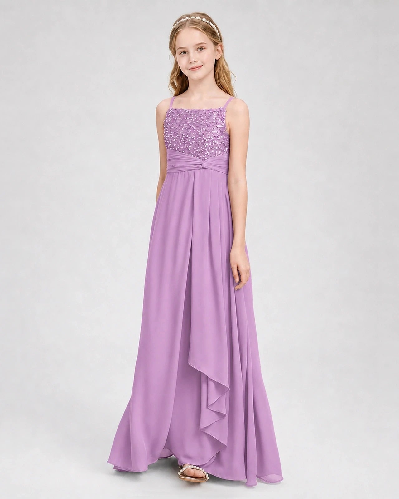 Dideyttawl Beaded Embroidery Chiffon Junior Bridesmaid Dress