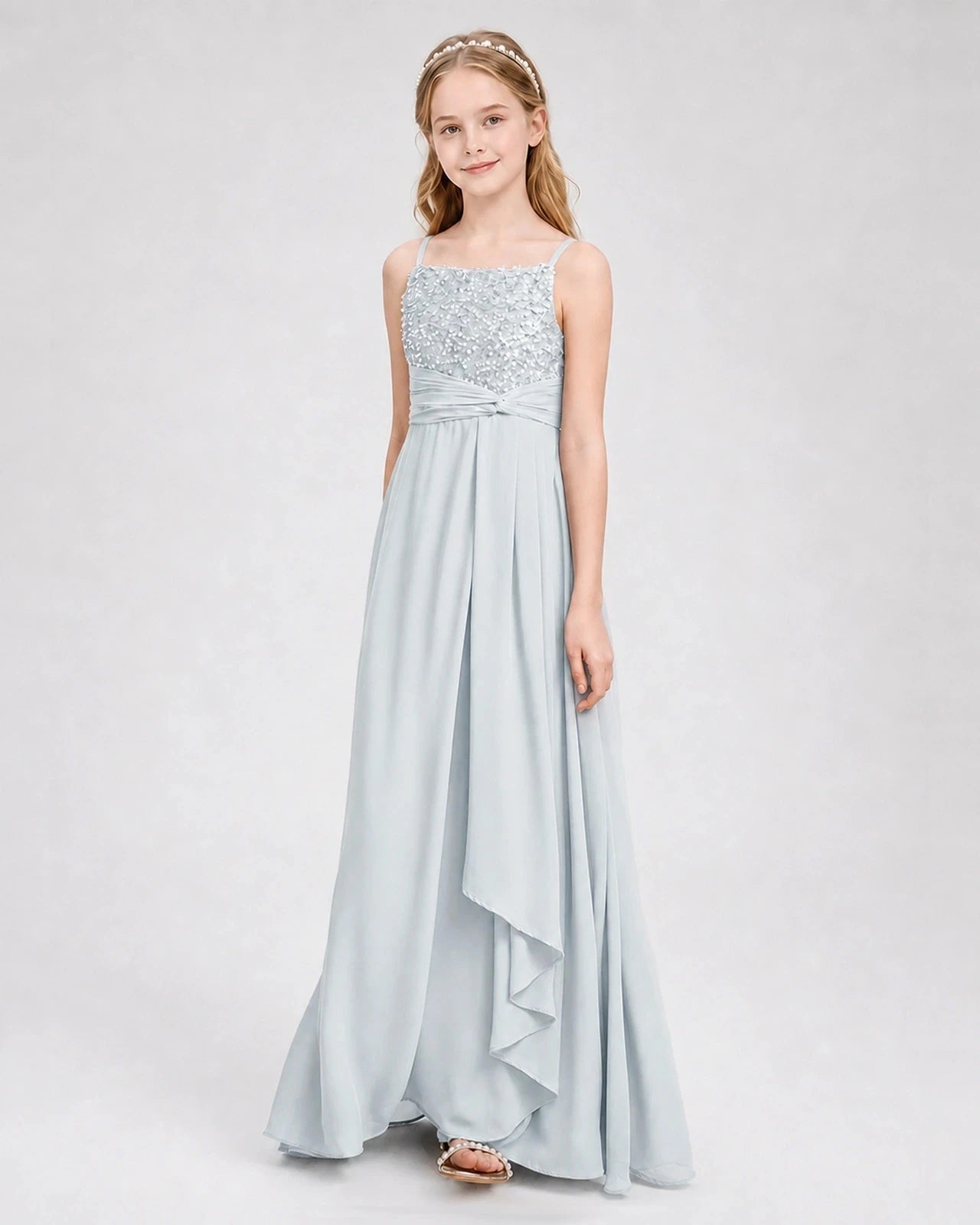 Dideyttawl Beaded Embroidery Chiffon Junior Bridesmaid Dress