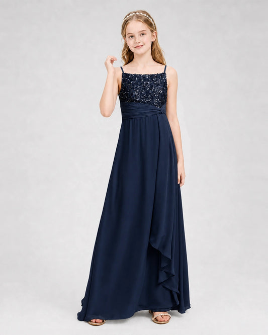 Navy Blue Chiffon Beaded Embroidery A-Line Junior Bridesmaid Dresses Front View