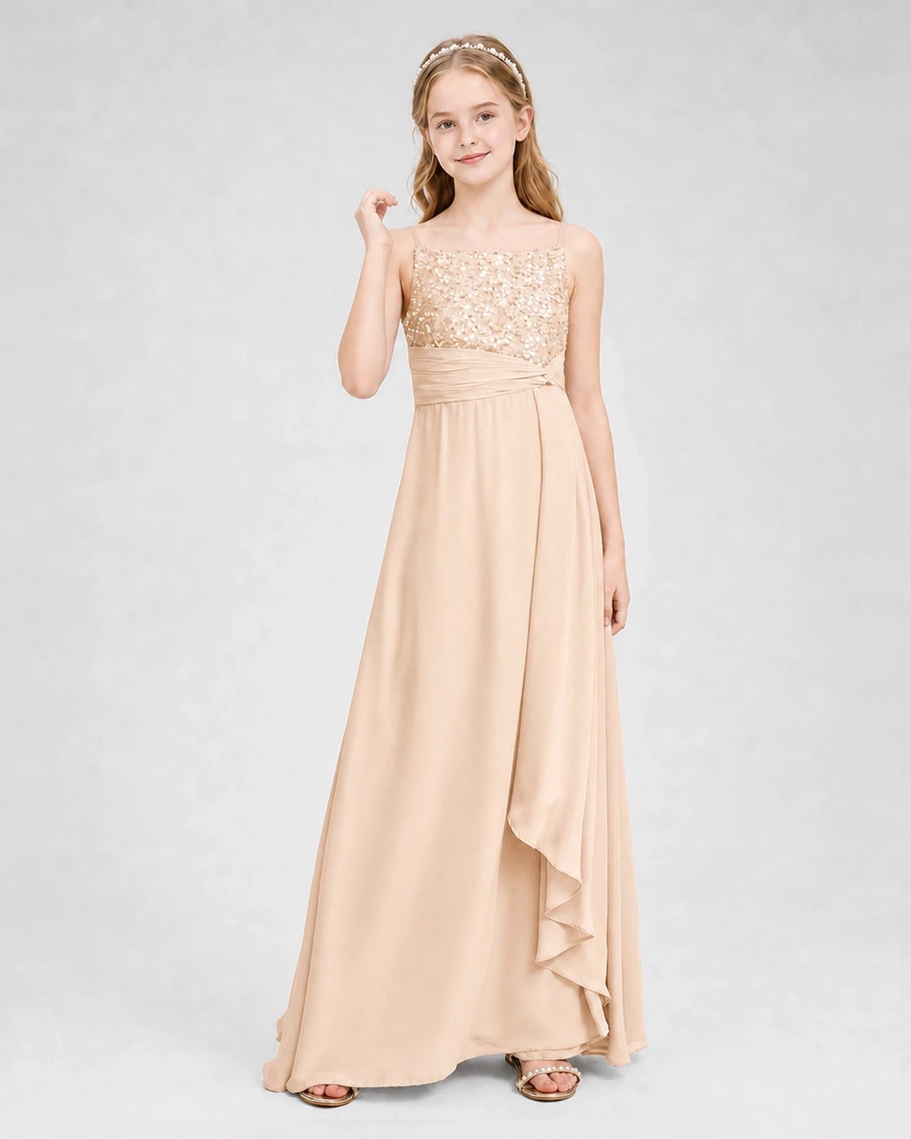 Dideyttawl Beaded Embroidery Chiffon Junior Bridesmaid Dress