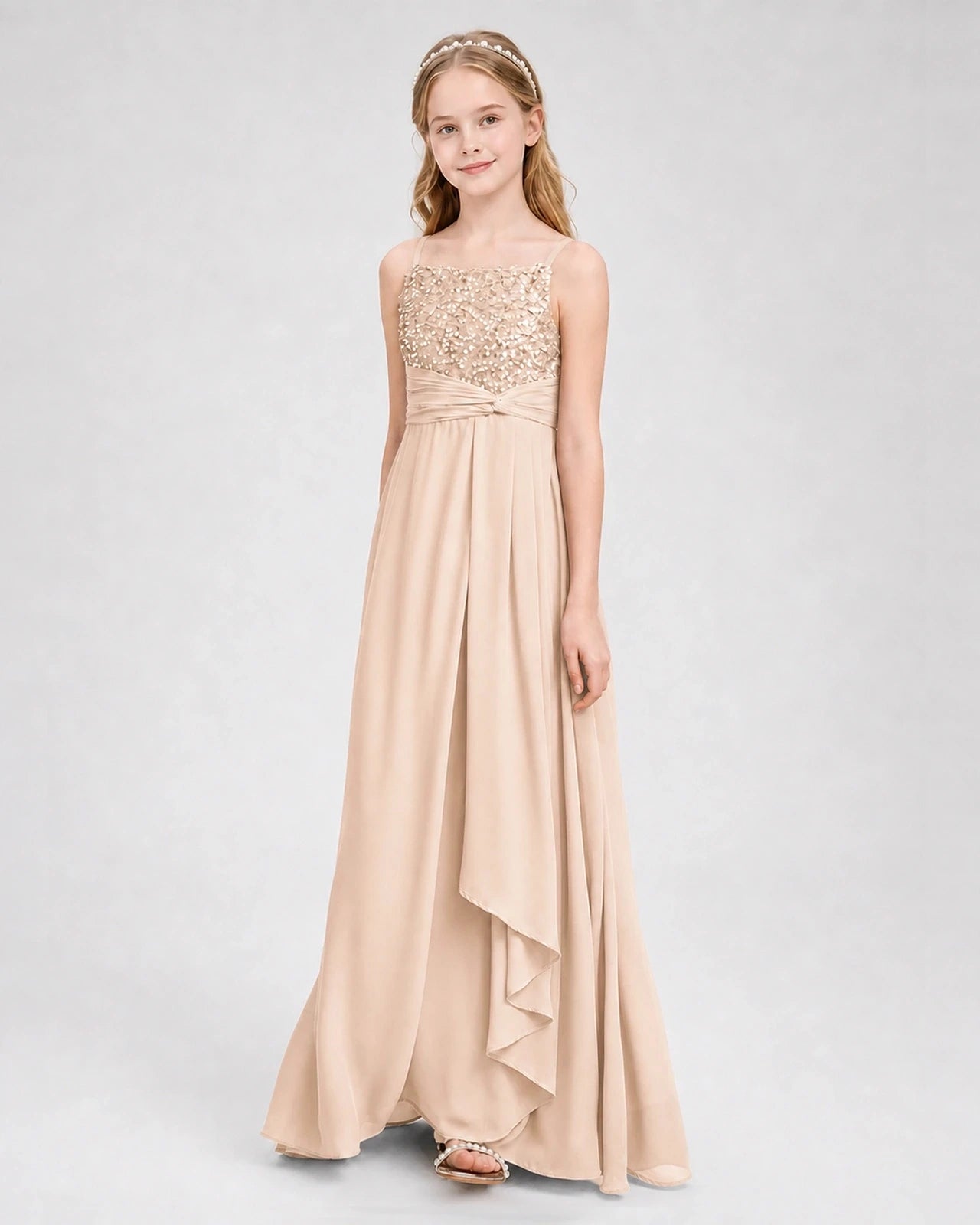 Dideyttawl Beaded Embroidery Chiffon Junior Bridesmaid Dress