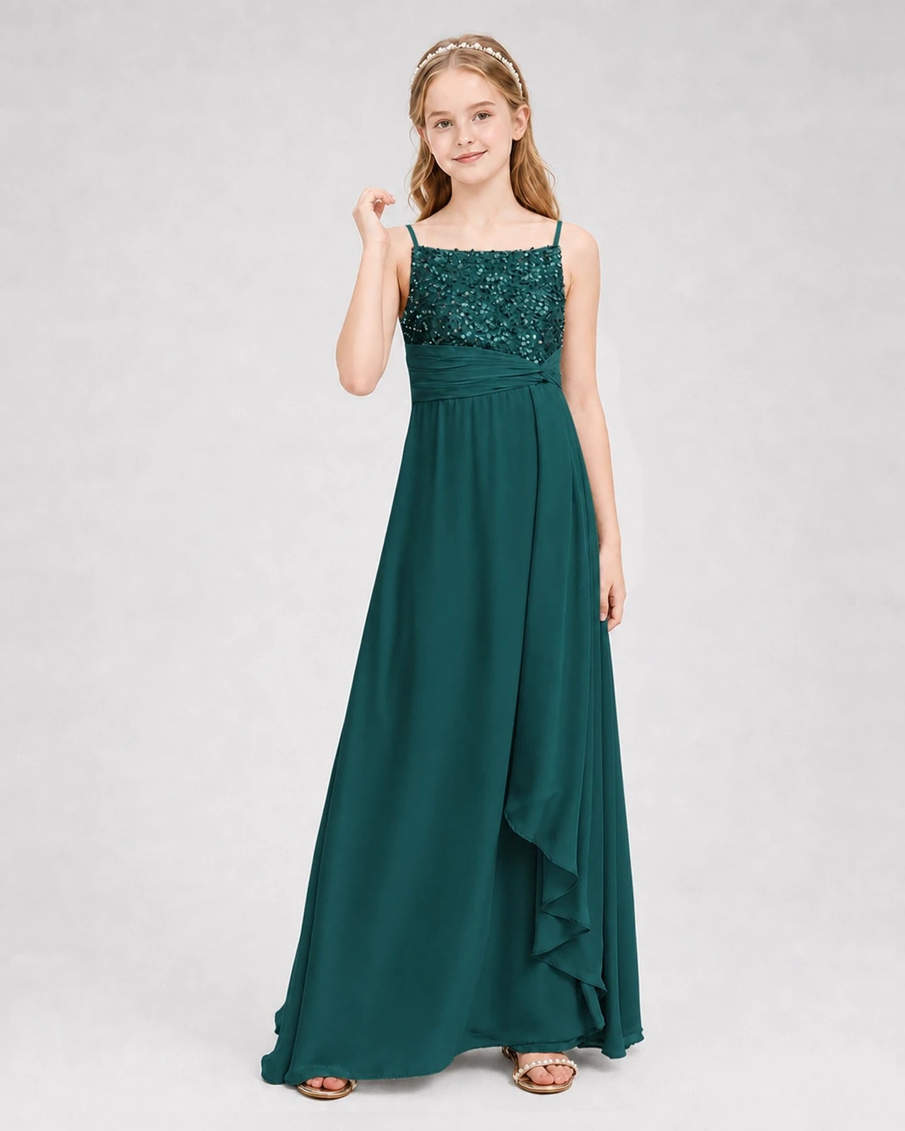 Dideyttawl Beaded Embroidery Chiffon Junior Bridesmaid Dress