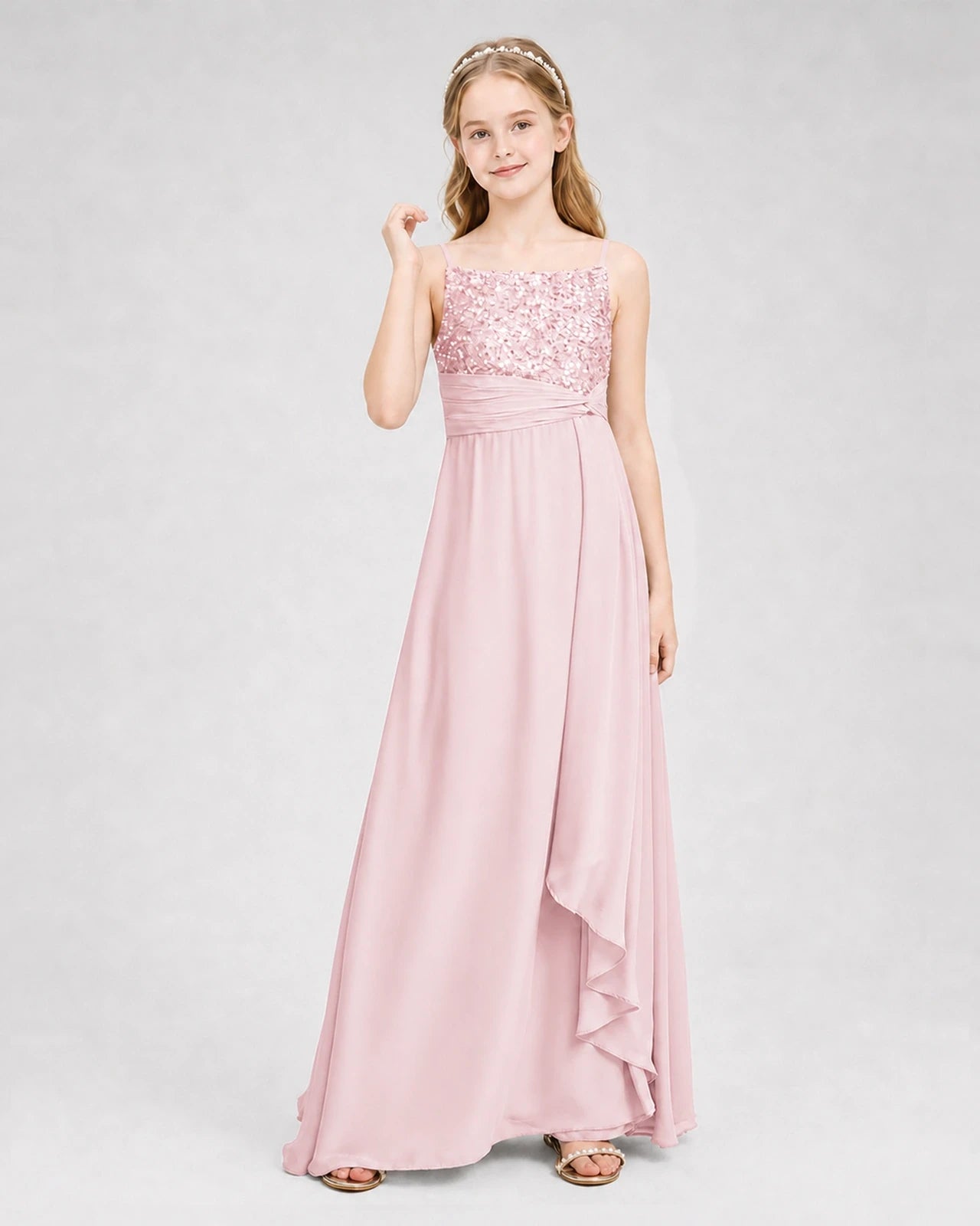Dideyttawl Beaded Embroidery Chiffon Junior Bridesmaid Dress