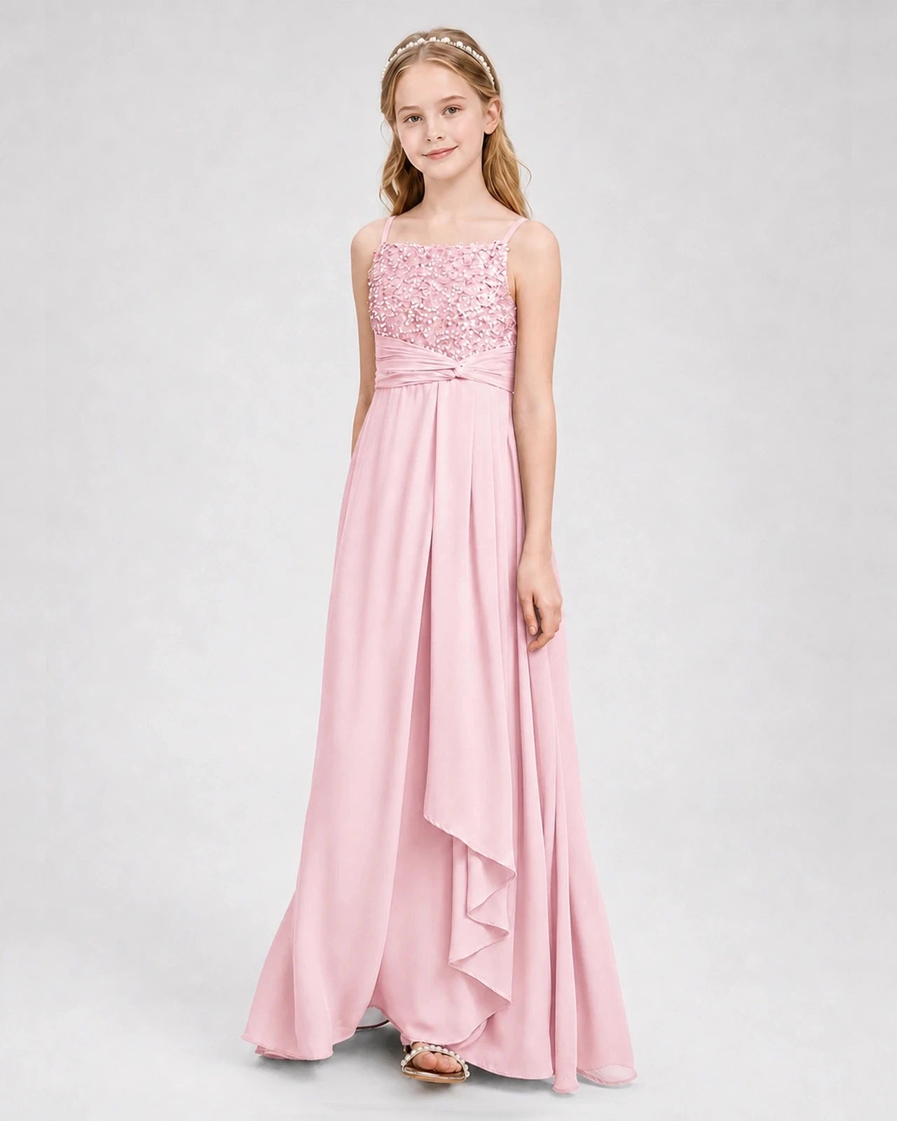 Dideyttawl Beaded Embroidery Chiffon Junior Bridesmaid Dress