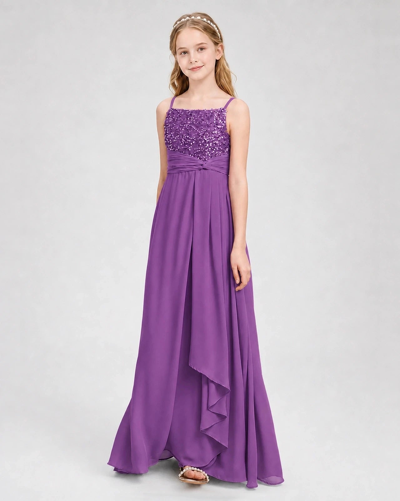 Dideyttawl Beaded Embroidery Chiffon Junior Bridesmaid Dress