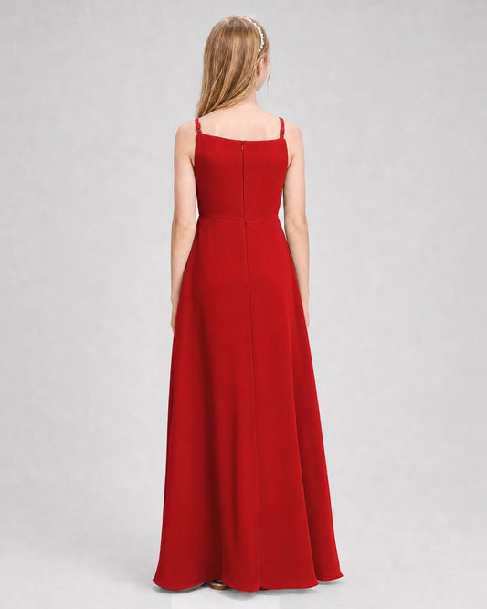 Red chiffon A-line junior bridesmaid dress, Back View