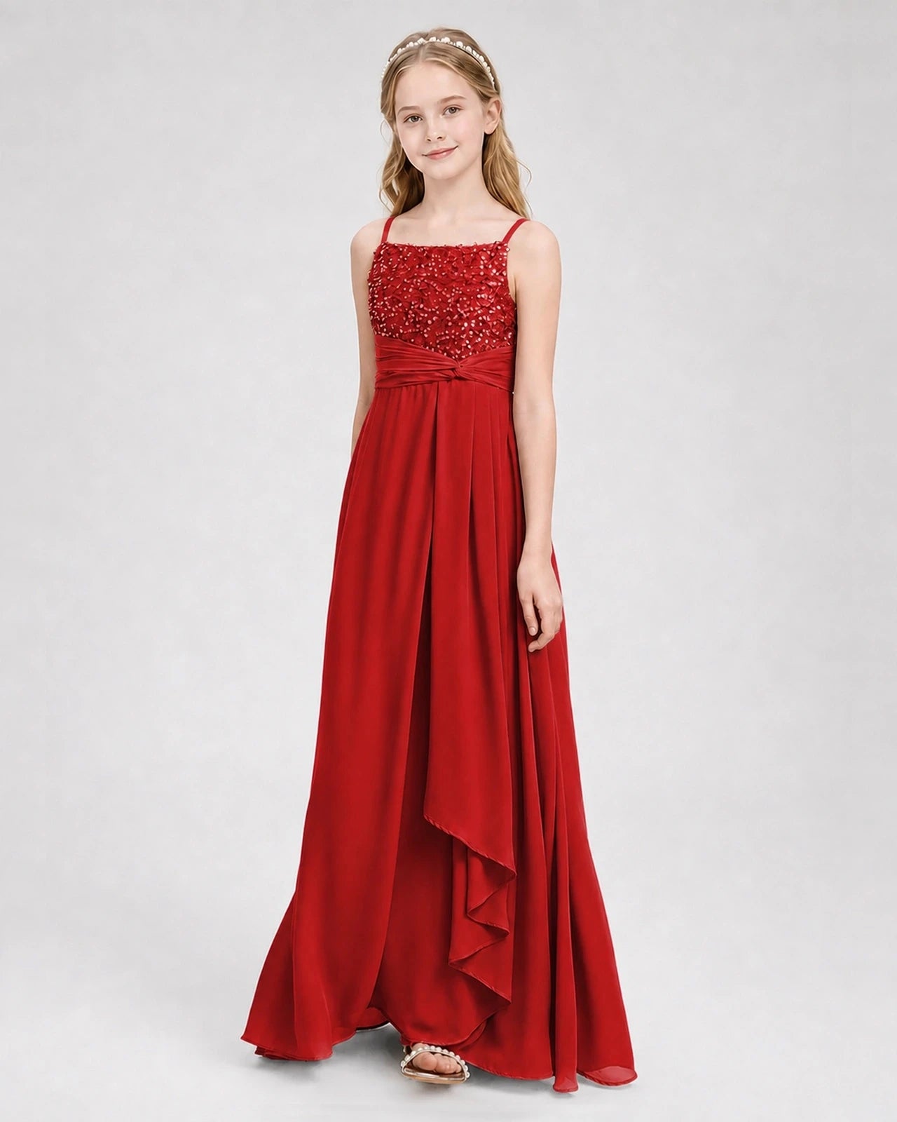 Dideyttawl Beaded Embroidery Chiffon Junior Bridesmaid Dress