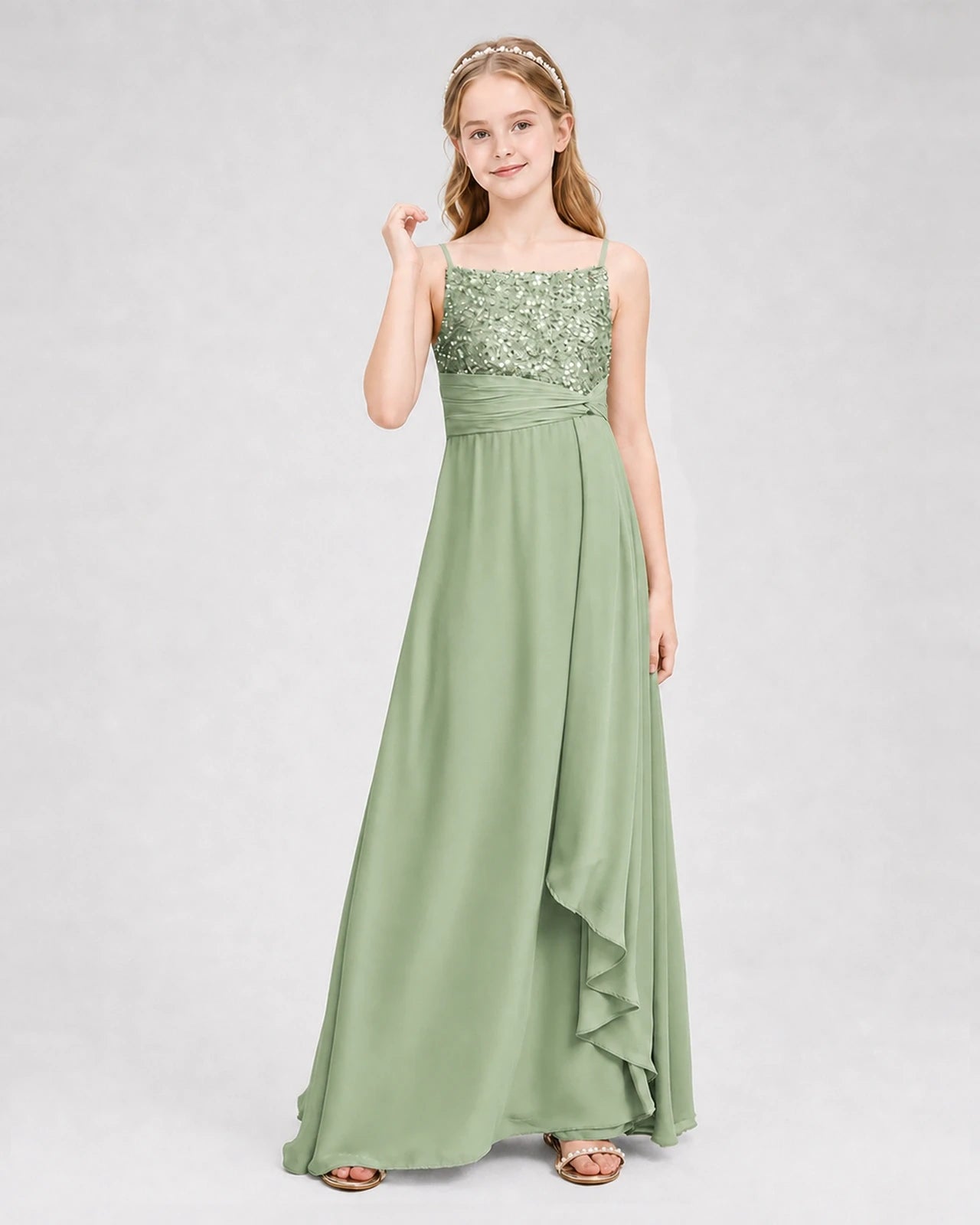 Dideyttawl Beaded Embroidery Chiffon Junior Bridesmaid Dress